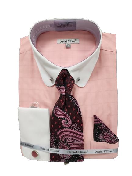 The pink Daniel Ellissa dress shirt, featuring a unique round collar and cuffs, is complemented by a paisley-patterned burgundy tie and matching pocket square.