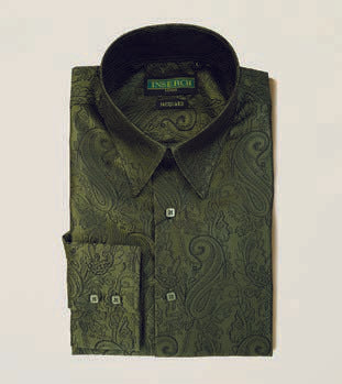 Inserch's Long Sleeve Paisley Jacquard Shirt LS005-19 in Olive features a green-toned, paisley jacquard design and French cuffs. This stylish shirt is neatly folded with a buttoned-up collar for a seamless evening look.