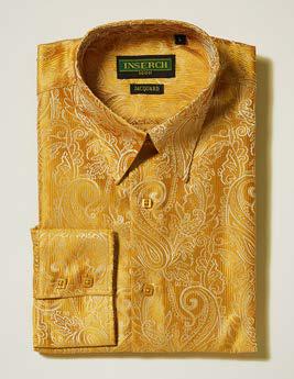 The Inserch Long Sleeve Paisley Jacquard Shirt LS005-38 Gold is a folded, gold shirt with a high collar, buttoned cuffs, and an elegant paisley jacquard pattern from the brand Inserch.