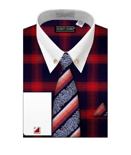 AVANTI UOMO's red checkered shirt with a contrasting black pattern, featuring a white collar and complemented by a paisley tie. A coordinating pocket square completes the look.