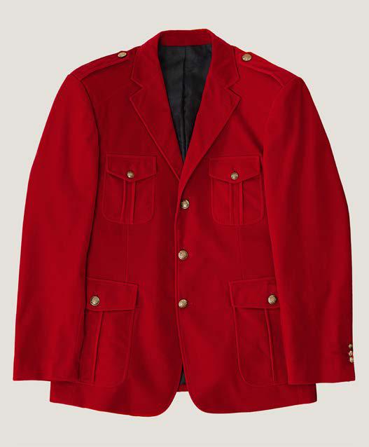 The Inserch Velvet Military Blazer BL569-00030 Red by Inserch features a vibrant red velvet design with gold military shank buttons, four front flap pockets, and shoulder epaulettes, showcased against a plain light background.