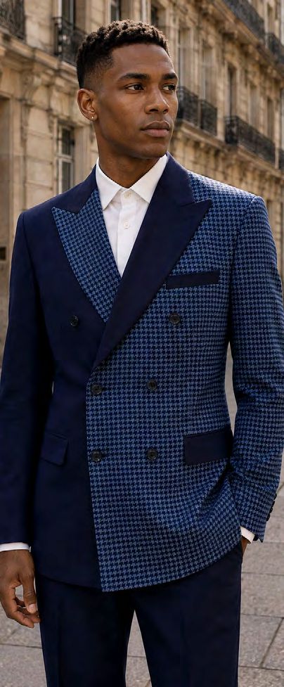 A Manzini Vegas 2PC Double Breasted Navy Tailored fit suit jacket featuring a solid-colored side and a patterned houndstooth side.