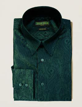 A neatly folded Inserch Long Sleeve Paisley Jacquard Shirt (LS005-52 Pine) in dark green with a high collar and visible "Inserch" label inside the collar.