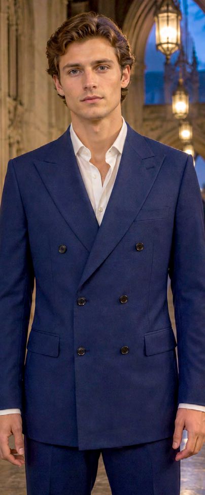 A man wearing a MANZINI LUNA 2PC Double Breasted Sapphire Modern fit blue double-breasted suit jacket over a white collared shirt.