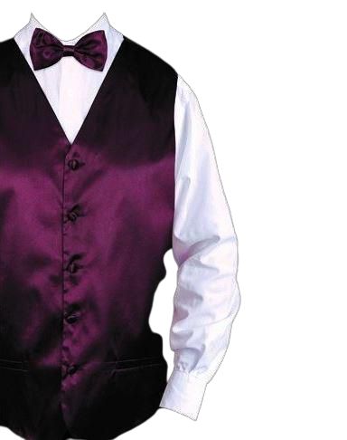 The Daniel Ellissa Solid Vest Set VS801 Wine features a maroon vest and bow tie over a crisp white dress shirt, paired with a matching hanky for added elegance.