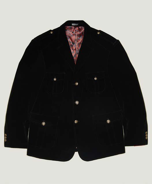 The Inserch Velvet Military Blazer BL569-00001 in black by Inserch is shown flat against a plain background, featuring single-breasted styling, silver military shank buttons, four front pockets, and a patterned red inner lining.