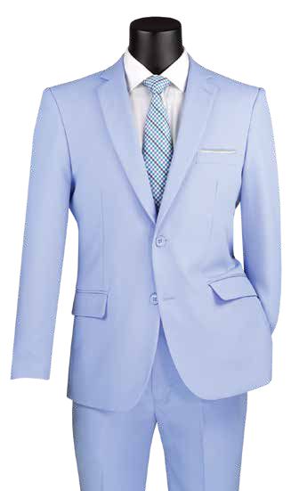 The Vinci Suits Slim Fit 2 Piece 2 Button Business Suit (Light Blue) S-2PP offers a sharp look with a single-breasted jacket, white dress shirt, and a blue/white checkered tie for an all-day wrinkle-resistant style.