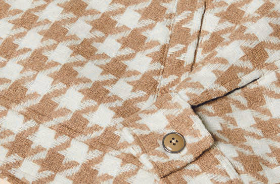 A bearded man wears the Inserch Wool Blend Houndstooth Full Zip Bomber Jacket in khaki over a white shirt, paired with regular-fit blue jeans and brown shoes, standing against a beige background.