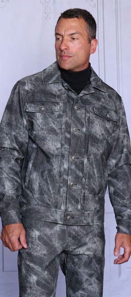 A man models the INSOMNIA CHIVAS 2PC Stamped Concrete PU Casual Jacket & Pants Black Set by Insomnia against a light background.