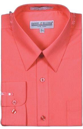 The DANIEL ELLISSA CVC SLIM FIT SHIRT DS3003 in coral by Daniel Ellissa features a neatly folded design with a pointed collar and buttoned cuffs.