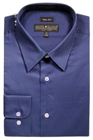 Here is a rephrased version of the sentence using the provided product data:

The DANIEL ELLISSA CVC SLIM FIT SHIRT DS3003 NAVY by Daniel Ellissa is a folded navy blue slim fit dress shirt with a pointed collar, buttoned front, and single cuff complemented by three white buttons.