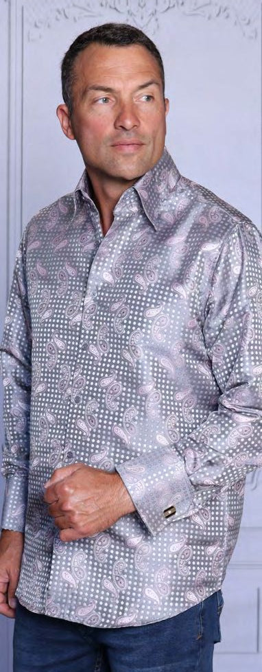 A man models the Insomnia INSOMNIA MZT-211 Poly/Rayon Satin Silver Shirt, featuring a paisley and dot pattern, as he stands against a light background and looks to his left.