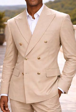 A person wearing a MANZINI LUNA 2PC Double Breasted Tan Modern fit suit jacket over a white button-up shirt.
