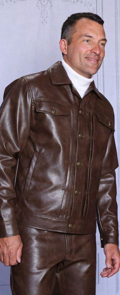 A man smiles indoors wearing the Insomnia OBAN 2PC PU Vegan Leather Casual Jacket & Pants Brown Set by Insomnia.