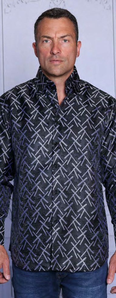 A man faces forward wearing the Insomnia INSOMNIA MZT-213 woven satin black shirt with a white geometric pattern, French cuffs with cufflinks, and blue jeans.