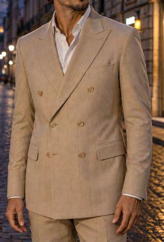 A tan double-breasted pinstripe MANZINI CABERNET 2PC Pinstripe Double Breasted Tan Tailored fit suit jacket worn over a white dress shirt.