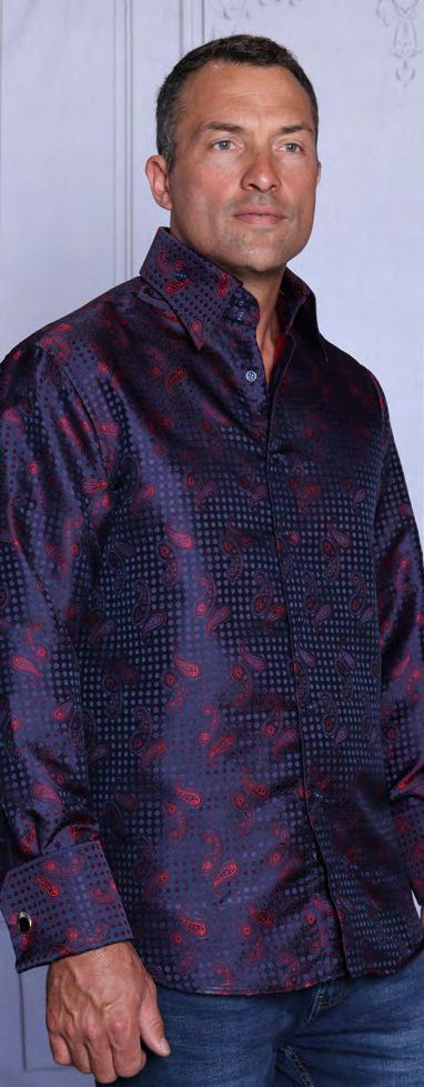 A man wearing the Insomnia MZT-211 Woven Satin Red Shirt with a dark purple pattern and French cuffs stands against a light background, looking slightly to the side.