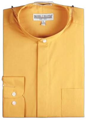 A folded Daniel Ellissa mandarin collar shirt in honey gold, featuring buttons and a pocket on one side.