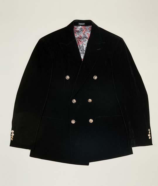 Inserch DB Velvet Blazer BL502-00001 in black, by Inserch, featuring a double-breasted design with six military shank buttons, peaked lapels, and a patterned inner lining, laid flat on a plain background.