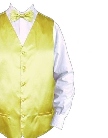 Daniel Ellissa's Solid Vest Set VS801 in Soft Butter, featuring a white dress shirt with a yellow satin vest and tie, complemented by a bow tie.