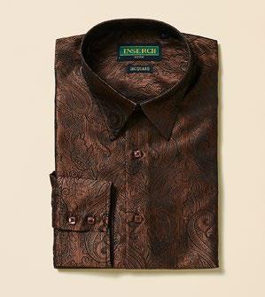 Inserch's Swiss Chocolate Long Sleeve Paisley Jacquard Shirt LS005-131 features a French cuff collar and is neatly folded against a light background.