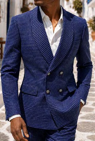 A man wearing a MANZINI LAKEVIEW 2PC Shawl Lapel Double Breasted Navy Tailored fit suit jacket in a blue and black houndstooth pattern over a white dress shirt.