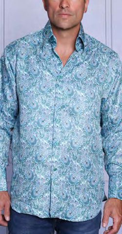 A man stands against a plain background wearing the INSOMNIA MZT-205 Woven Satin Aqua Shirt by Insomnia paired with dark blue jeans.