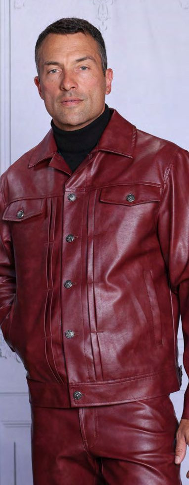 A man in the Insomnia OBAN 2PC PU Vegan Leather Jacket & Pants Wine Set (size 4XL only), shown against a light background. This final sale item is in-store only and cannot be returned or exchanged.
