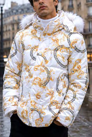 INSOMNIA MZW-410 Soft Padded Poly Zip-up Jacket w/ Removable White Faux Fur Hood in white with a gold and black baroque print, a zip-up front, and a removable white faux fur-trimmed hood.