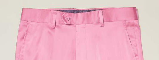 Close-up of the waistband and top of the Inserch Stretch Satin Pants P3901-00062 Pink, a pair of slim fit dress pants by Inserch, featuring belt loops and a button closure.