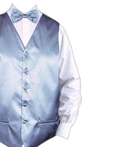 A refined silver satin vest, paired with a matching bow and tie from Daniel Ellissa, gracefully layered over a pristine white dress shirt.