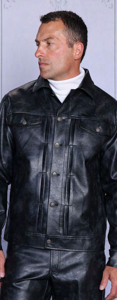 A man models the INSOMNIA OBAN 2PC PU Vegan Leather Casual Jacket & Pants Black Set from Insomnia over a white turtleneck, looking to the side against a plain background.