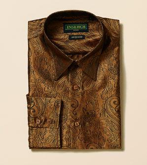Inserch Long Sleeve Paisley Jacquard Shirt LS005-05 Caramel, featuring a folded design with brown paisley pattern, collar, buttons, and French cuffs. Ideal for an evening look.