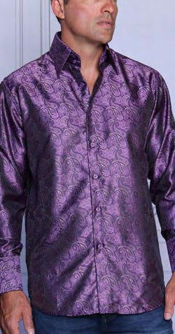 A man wears the Insomnia INSOMNIA MZT-206 Woven Satin Plum Shirt with long sleeves, paisley pattern, and French cuffs, standing against a light background.