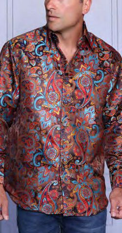 A man in an Insomnia INSOMNIA MZT-200 Poly/Rayon Satin Brown Shirt and blue jeans stands against a light background.