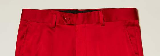 A close-up of the waistband and upper section of Inserch Stretch Satin Pants P3901-00030 Red, featuring belt loops, a button, and front pockets against a plain background.
