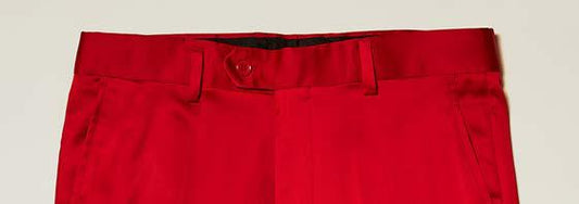 A close-up of the waistband and upper section of Inserch Stretch Satin Pants P3901-00030 Red, featuring belt loops, a button, and front pockets against a plain background.