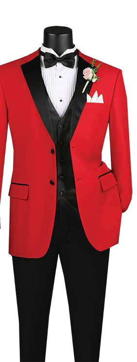 The Regular Fit 4 Piece Tuxedo with Vest Bow Tie by Vinci Suits features a red tuxedo jacket with a black lapel, sleek black vest, and crisp white shirt. Enhanced with a classic black bow tie and boutonniere, this ensemble offers a sophisticated twist on the traditional tuxedo look.