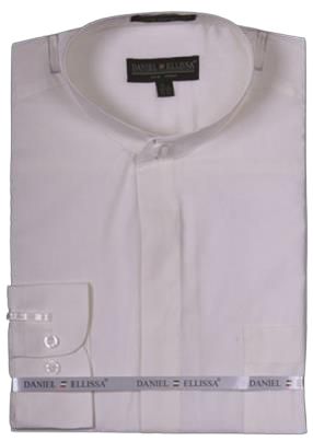 A neatly folded ivory banded collar shirt by Daniel Ellissa, featuring a convertible cuff and label on the collar.