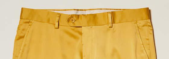 Inserch Stretch Satin Pants P3901-00038 Gold by Inserch, featuring a slim fit in gold with belt loops, a button closure, and zip fly, shown from the waistband to mid-thigh against a plain background.