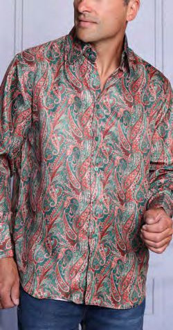 A man stands against a plain background wearing the Insomnia INSOMNIA MZT-202 Poly/Rayon Satin Hunter Shirt, featuring a red and green paisley pattern.