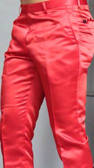 A model wears MANZINI MP-400 Red Satin Pants by Manzini, featuring a shiny bright red satin finish and belt loops, shown from waist to knee against a plain background.