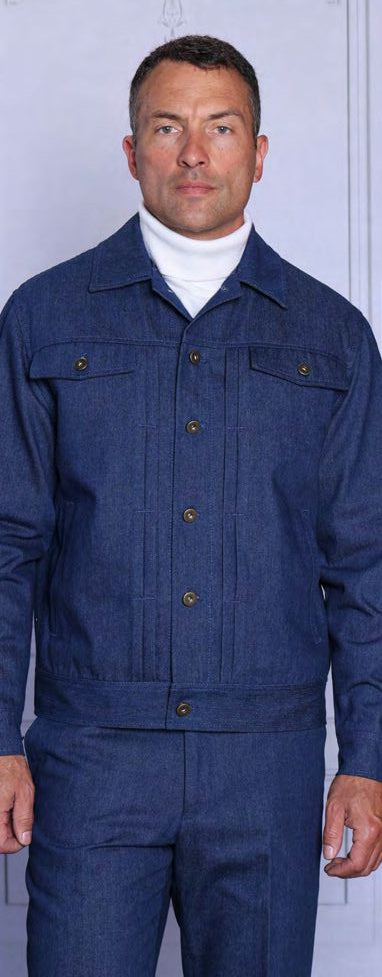 A man models the INSOMNIA GLENLIVET 2PC Denim Casual Jacket & Pants Blue Set by Insomnia with a white turtleneck, standing against a light background.