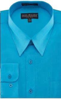 A Daniel Ellissa Basic Dress Shirt in turquoise, featuring a folded collar, button-down design, and chest pocket from the DS3001 collection with convertible cuffs.