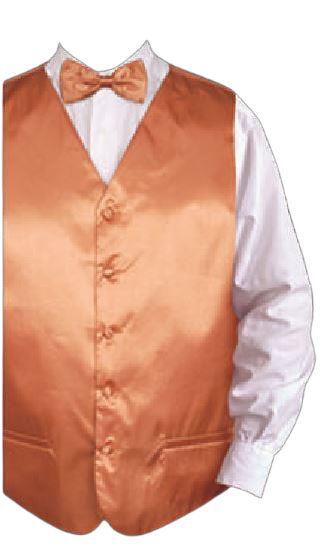 Daniel Ellissa's Solid Vest Set VS801 in rust, featuring a satin vest with a matching bow tie and handkerchief, stylishly layered over a crisp white dress shirt.