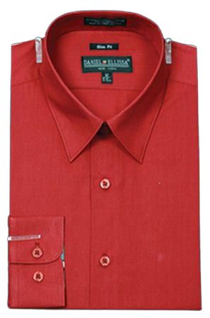 The Daniel Ellissa CVC Slim Fit Shirt DS3003 in Burgundy features a pointed collar and buttoned cuffs, made from CVC fabric and neatly folded.