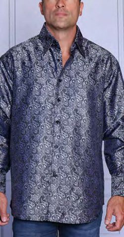 A man stands against a light background wearing the INSOMNIA MZT-206 Woven Satin Black Shirt by Insomnia. The shirt features long sleeves, a button-up front, and a shiny paisley pattern for an elegant satin look.