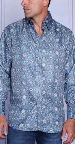 A man wears the INSOMNIA MZT-203 Poly/Rayon Satin Ash Shirt by Insomnia with blue jeans, standing against a light background.