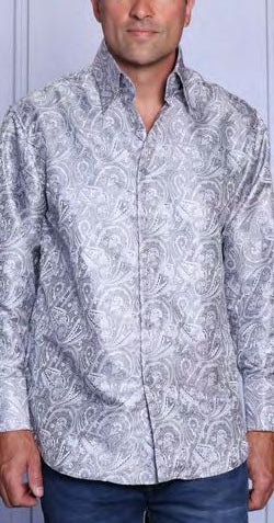 A man wearing the Insomnia INSOMNIA MZT-210 Woven Satin Grey Shirt and blue jeans stands against a plain background.