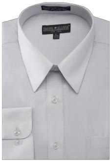 Silver dress shirt with a pointed collar and convertible cuffs by Daniel Ellissa.